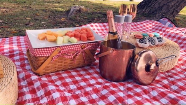 Picnic con canasta, fruta y champaña